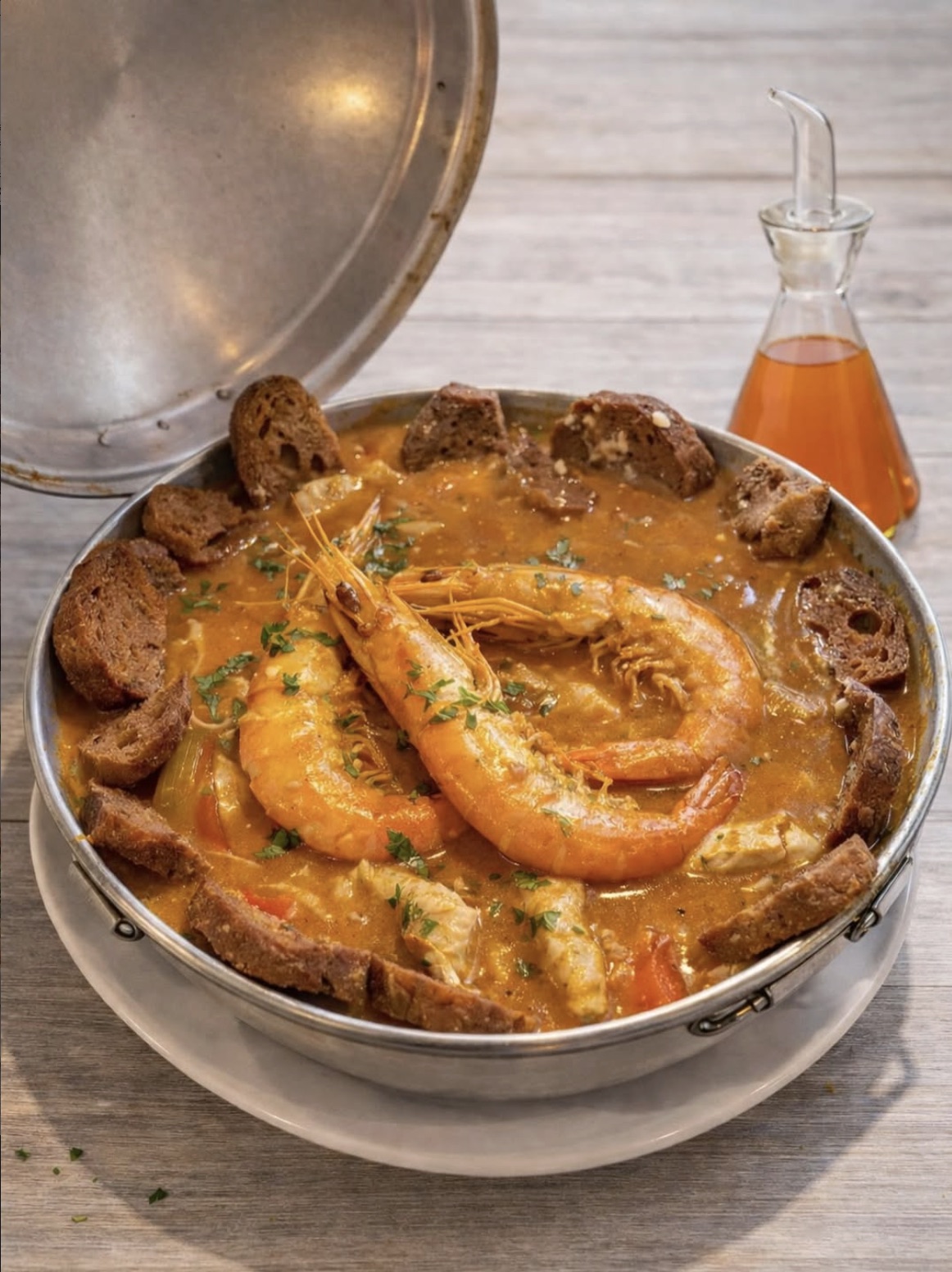 Caldeirada de peixe com camarão, servida na caçarola