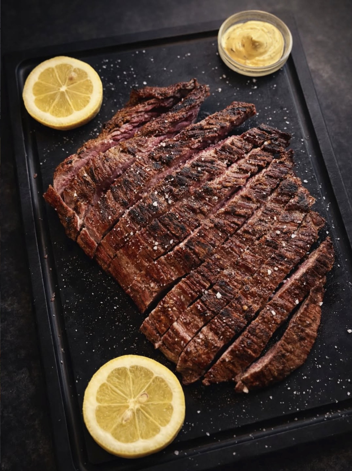 Carne maturada grelhada no carvão, fatiada
